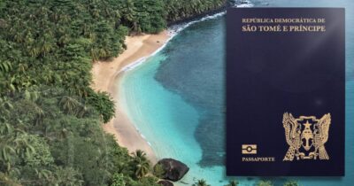 The passport of São Tomé and Príncipe displayed over a scenic beach, representing the country’s Citizenship by Investment initiative.